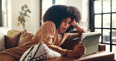 Buy stock photo Shock, tablet and woman on sofa with online news, notification and reading gossip on social media. Home, relax and person on digital tech with surprise, wow and omg for drama, message and internet