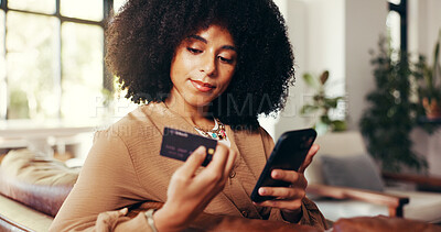 Buy stock photo Credit card, phone and woman on couch with online shopping with sale, discount or promotion in home. Smartphone, debit and female person with mobile app, payment and internet retail in living room