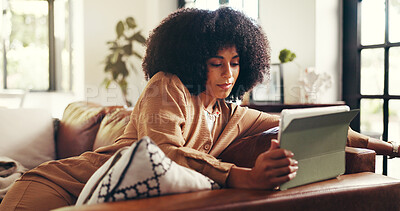 Buy stock photo African woman, reading and tablet at house for email, design feedback and project schedule. Graphic designer, remote work and digital to review art, online research and information on web application