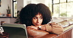 Tablet, thinking and woman on sofa in home with reading blog, ebook or app or website in living room. Memory, relax and female person with digital technology for social media with ideas in apartment.