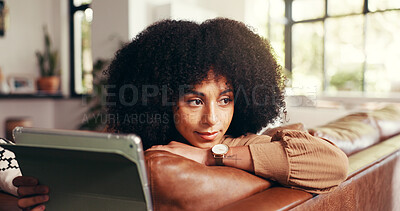 Buy stock photo Tablet, thinking and woman on sofa in home with blog, ebook or app or website in living room. Memory, relax and female person with digital technology for social media with ideas in apartment.