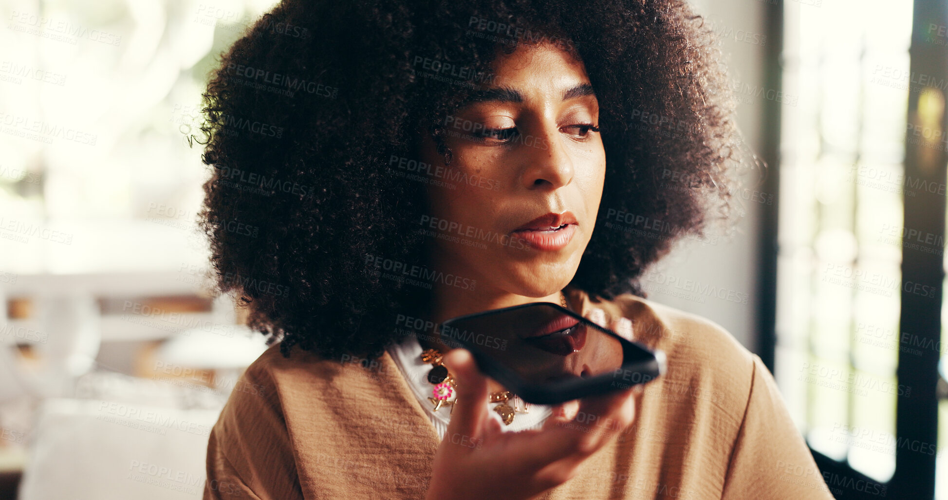Buy stock photo Woman, talking and speaker with phone call in home for communication, conversation and discussion. African person, user and recording with mobile for voice note, chat and audio message in house