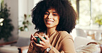 Smile, coffee and portrait of woman on sofa of home for relax, wellness drink and peace. Happiness, comfortable and calm with person drinking tea in living room of apartment for morning caffeine