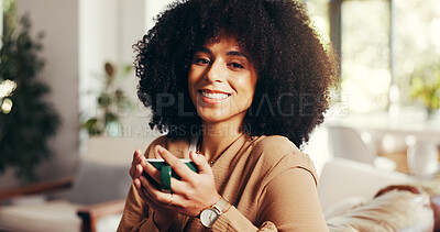 Buy stock photo Smile, coffee and portrait of woman on sofa of home for relax, wellness drink and peace. Happiness, comfortable and calm with person drinking tea in living room of apartment for morning caffeine