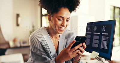 Buy stock photo Remote work, woman and phone for feedback, business growth or company review. Entrepreneur, consultant and typing in home for job opportunity, contact and project management for internet startup