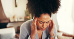 Woman, pain and headache with stress in home for overworked pressure, fatigue or strain. Female person, freelancer or remote work with sore head, migraine or vertigo for project deadline in house
