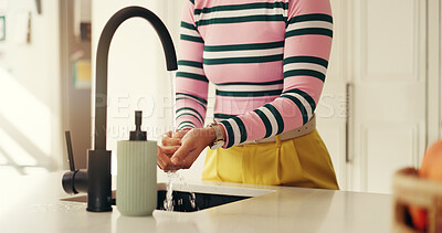 Buy stock photo Washing hands, faucet and water for hygiene in kitchen with routine for bacteria, germs or dirt in home. Person, tap and sink for cleaning skin, rinse and liquid to stop virus for wellness at house