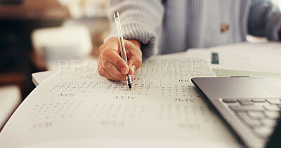 Buy stock photo Hands, person and writing on calendar at house for planning, date reminder and schedule appointment. Woman, laptop and document for project timeline, agenda notes and information of deadline priority