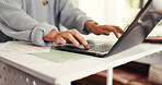 Hands, person and typing on laptop at house for accounting, finance report and budget planner. Accountant, pc and account document for research, financial audit and expense information of remote work