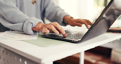 Buy stock photo Hands, person and typing on laptop at house for accounting, finance report and budget planner. Accountant, pc and account document for research, financial audit and expense information of remote work