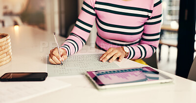 Buy stock photo Hands, person and writing on calendar at house for reminder, finance report and budget plan. Woman, document and graph on tablet for accounting, financial growth and update date on proposal deadline