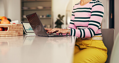 Buy stock photo Hands, person and typing on laptop for accounting, finance report and budget planning. Accountant, pc and research on taxes procedure, financial audit and expenses information of remote work at house