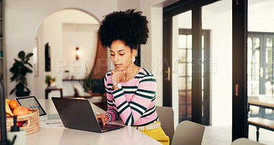 Buy stock photo Thinking, woman and reading on laptop at house for accounting, finance report and budget plan. Accountant, pc and research for taxes procedure, financial audit and expenses information of remote work