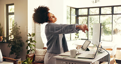 Buy stock photo Remote work, tired and african woman stretching by technology and desk in home office. Start, ready and person with agile management by computer screen, software tools and freelance project at house