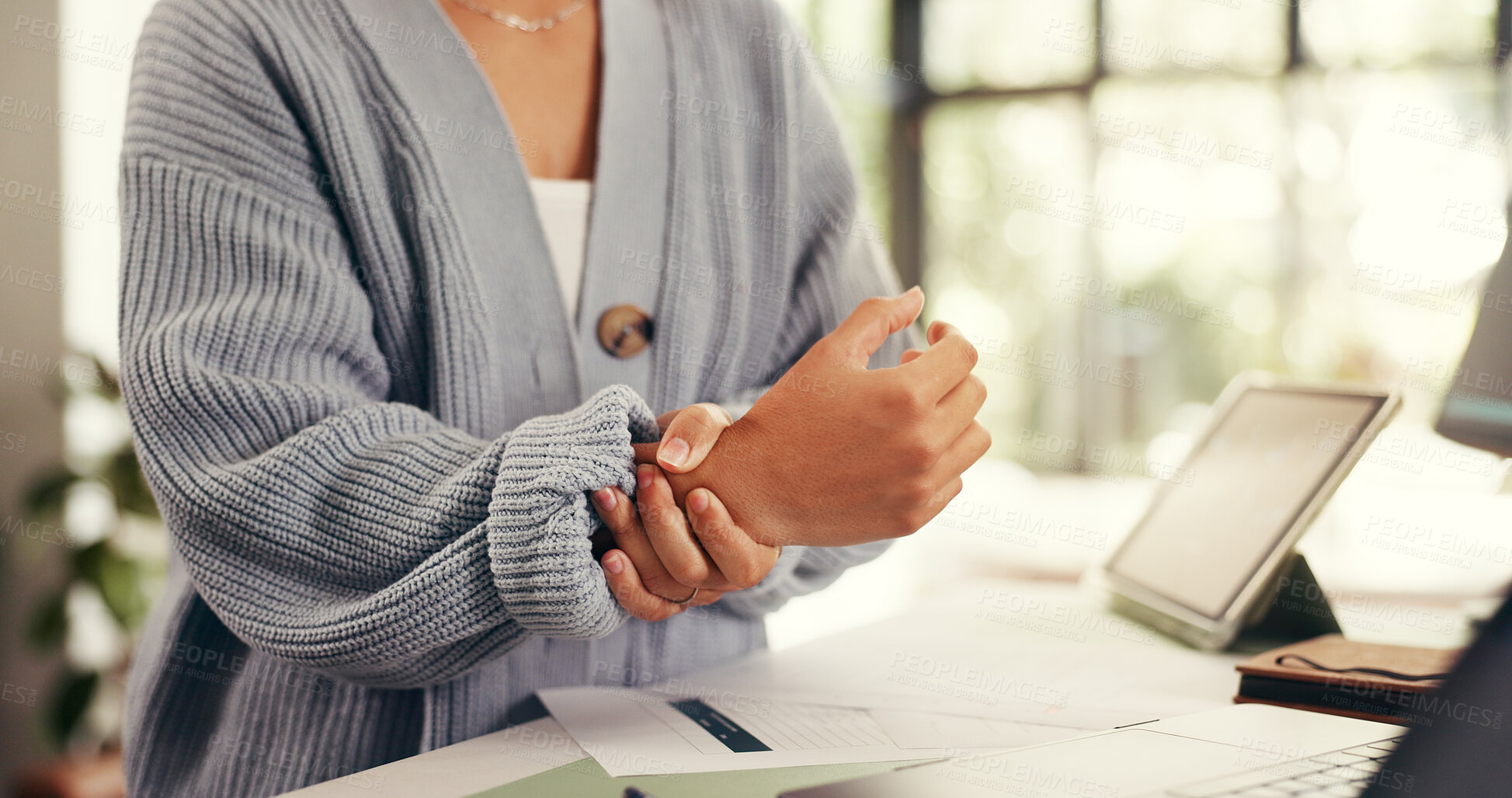 Buy stock photo Business woman, hands and wrist pain with injury for carpal tunnel syndrome or strain in home. Female person, freelancer or remote work with sore joint, inflammation or sprain for overworked muscle