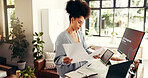 Remote work, paperwork and african woman with technology and analysis in home office. Online, research and person reading document for agile management, planning and freelance project at house