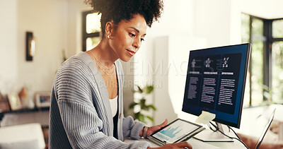 Buy stock photo Remote work, tablet and graphs with woman in home office for virtual assistant, client report or networking. Feedback, administration and project management with person, computer and research review