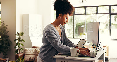 Buy stock photo Remote work, typing and african woman with technology and planning in home office. Online, research and person with agile management by computer screen, software tools and freelance project at house