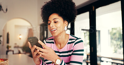 Buy stock photo Woman, home and typing with phone for social media, browsing and weekend relax in kitchen. Female person, communication and mobile app for online conversation, gossip and texting or internet messages