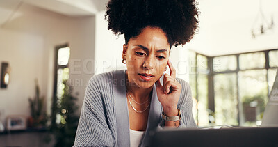 Buy stock photo Confused, thinking and woman with laptop, home or proofreading article with mistake on web or online. Remote work, journalist and African person with stress for project, reflection and worry in house