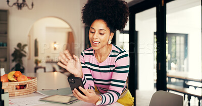 Buy stock photo Remote work, woman and wave with phone for video call, business growth or company review. Entrepreneur, tech and idea in home for job opportunity, contact or project management for internet startup