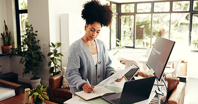 Buy stock photo Business woman, documents and writing with laptop in home for project deadline or remote work. Female person, freelancer or taking notes with book or technology for agile management or flexible tasks