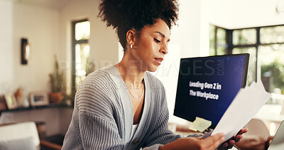 Buy stock photo Woman, documents and review with remote work from home with research for gen z recruitment report. African person, paperwork and human resources management with screen, info and freelancer at house