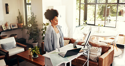 Buy stock photo Remote work from home, breathing and woman with laptop, standing desk and planning for project. Apartment, person and entrepreneur with PC, stress relief and calm with exercise technique and relax