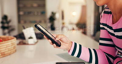 Buy stock photo Remote work, hands of woman and phone for feedback, business growth or company review. Entrepreneur, tech and typing in home for job opportunity, contact and project confirmation for internet startup