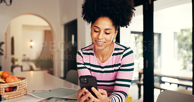 Buy stock photo Woman, phone and documents with remote work from home, finance and happy for investment deal. African person, trading and smile with smartphone, mobile app and fintech with check report at house