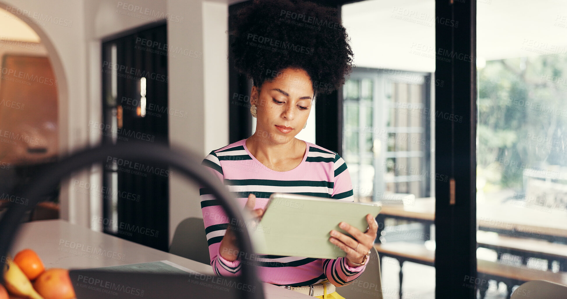 Buy stock photo Remote work, tablet and scroll with woman in home for virtual assistant, client report and networking. Feedback, administration and proposal schedule with person, digital tech and planning research