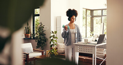Buy stock photo Woman, multitasking and headphones for remote work, dumbbell and research with laptop or journalist. Serious, reporter and African person with tech for article, fitness and freelance project in home