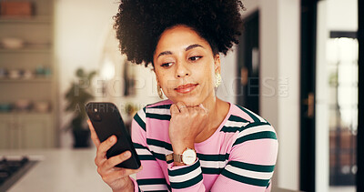 Buy stock photo Remote work, woman and thinking with phone for feedback, business growth or company review. Entrepreneur, tech and idea in home for job opportunity, contact or project management for internet startup