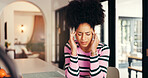 Frustrated woman, headache and home with stress for overworked pressure, fatigue or strain. Female person, freelancer or remote work with sore head or vertigo for project deadline or mistake in house
