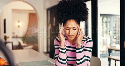 Buy stock photo Frustrated woman, headache and home with stress for overworked pressure, fatigue or strain. Female person, freelancer or remote work with sore head or vertigo for project deadline or mistake in house