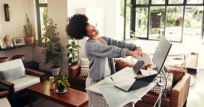 Buy stock photo Remote work, tired and woman stretching by technology and desk in home office. Start, ready and african person with agile management by computer screen, software tools and freelance project at house
