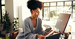 Remote work, document and tech with woman in home office for virtual assistant, client report or networking. Feedback, administration and proposal schedule with person, computer and planning research