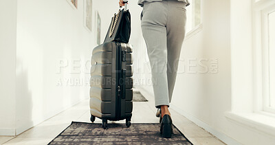 Buy stock photo Legs, suitcase and business person in hotel lobby for travel, immigration and international convention. Corporate employee, baggage and shoes on floor, tourism and trip in corridor at accommodation