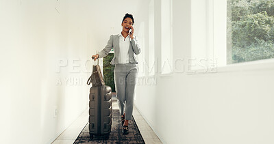 Buy stock photo Business, woman and phone call with luggage in lobby of discussion, travel schedule and work trip. Female person, suitcase and mobile for client chat, agenda and contact feedback for conference event