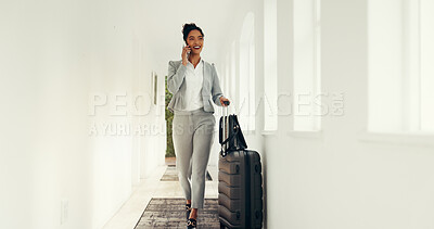 Buy stock photo Business, woman and phone call with suitcase in lobby of discussion, travel schedule and work trip. Person, luggage and mobile for client chat, agenda and contact feedback for conference event space