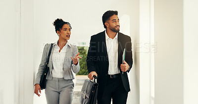 Buy stock photo Collaboration, realtor and colleagues in house, tour or planning for showing or property inspection. Team, talk and people in home for final check, real estate and discussion for sale and investment