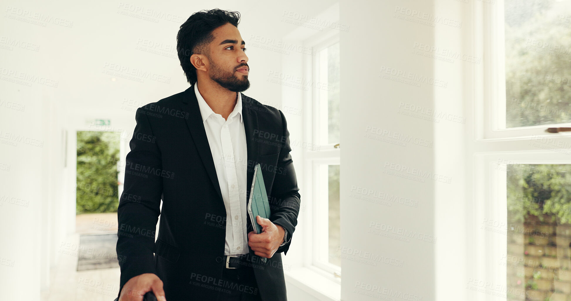 Buy stock photo Thinking, real estate agent and man in house, serious or idea for investment property or inspection. Confident, reflection and person in home for listing, realtor and preparing for showing or sale