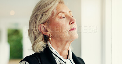 Buy stock photo Anxiety, breathing and thinking with business woman in office for balance, mental health or mindfulness. Eyes closed, inhale and stress with mature employee in corporate workplace for awareness