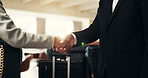 Shaking hands, collaboration and business people in office with partnership, agreement or deal. Corporate, welcome and finance manager with client for handshake on investment contract in workplace.