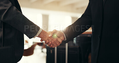 Buy stock photo Shaking hands, deal and business men in office with partnership, agreement or collaboration. Corporate, welcome and male finance manager with client for handshake on investment contract in workplace.