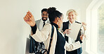 Woman, dancing and business people in hallway, happy or celebration with documents for real estate sale. Person, property agent and excited team with success, goals or deal for profit in corridor