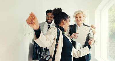 Buy stock photo Woman, dancing and business people in hallway, happy or celebration with documents for real estate sale. Person, property agent and excited team with success, goals or deal for profit in corridor