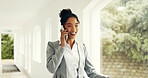 Business, woman and phone call with luggage in hallway of discussion, travel schedule and work trip. Female person, walking and mobile for client chat, agenda and contact feedback of conference event