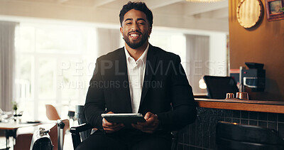 Buy stock photo Portrait, tablet and business man in airport lounge for conference, check in and email confirmation. Online booking, seminar schedule and flight plan with person for information on reservation
