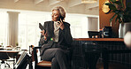 Mature woman, phone call and passport at reception for discussion, travel schedule and work trip. Female person, mobile and ticket with flight information, agenda and contact hotel for booking lodge